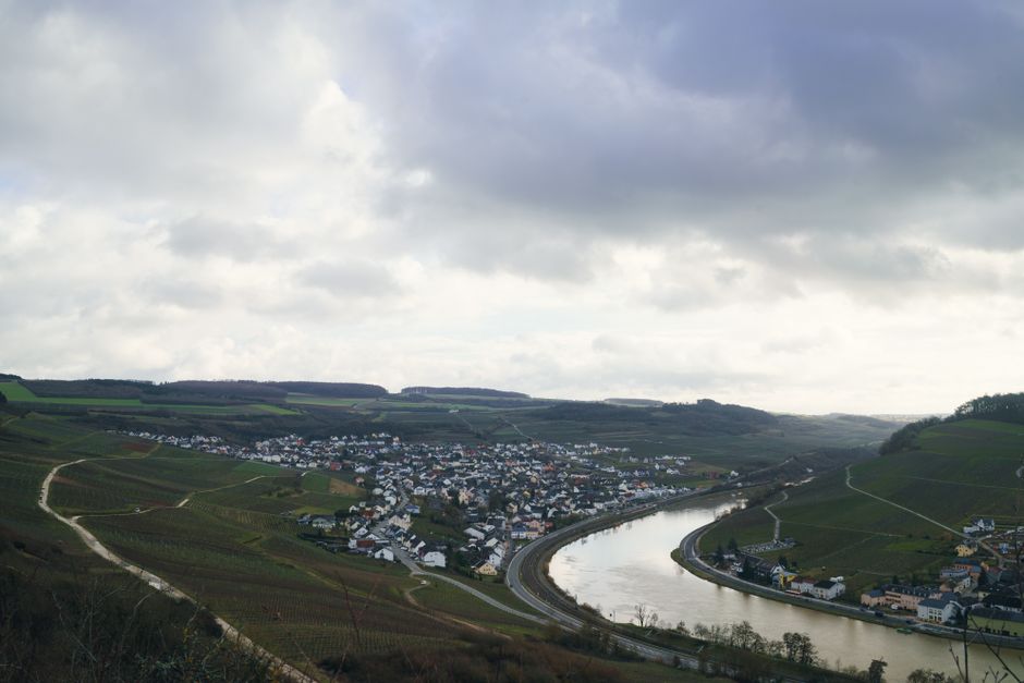 Picturesque scenery of green fields and calm river with small settlement under cloudy sky in summer day