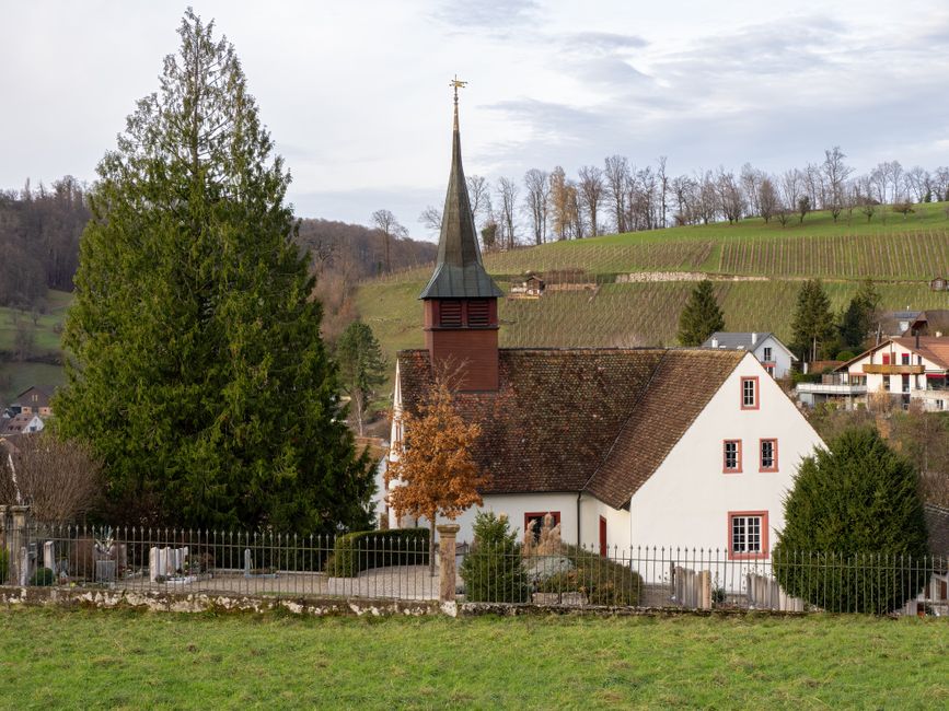 Charming village church surrounded by lush countryside and vineyards, capturing a serene rural landscape.